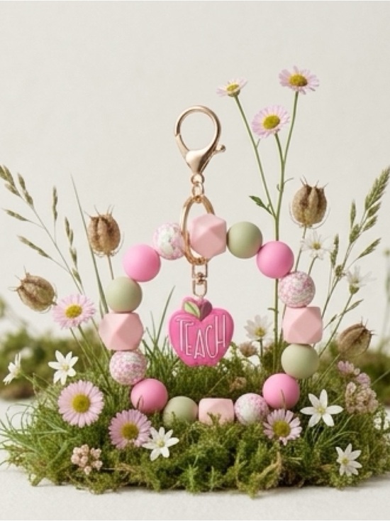 None Accessories - TEACH Apple Beaded Wristlet Keychain in Pink & Mint